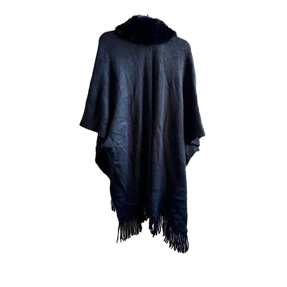 INC Inter. Concepts faux-fur trim fringe open front ruana poncho topper - Black - Picture 6 of 7